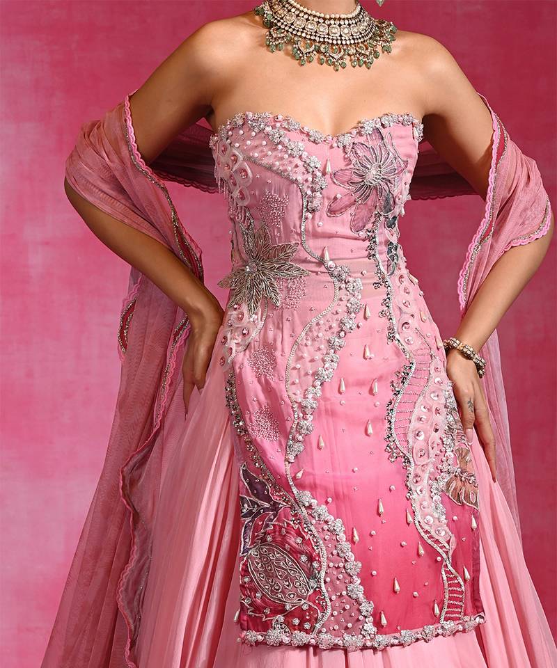 Sugar Pink Organza Beaded Kurti Lehenga Set