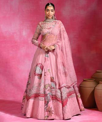 Sugar Pink Resham Embroidered Organza Lehenga Set 1