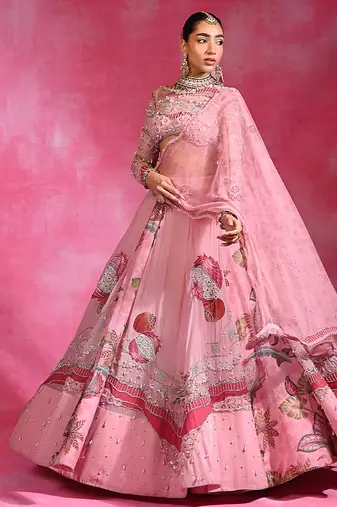Sugar Pink Resham Embroidered Organza Lehenga Set