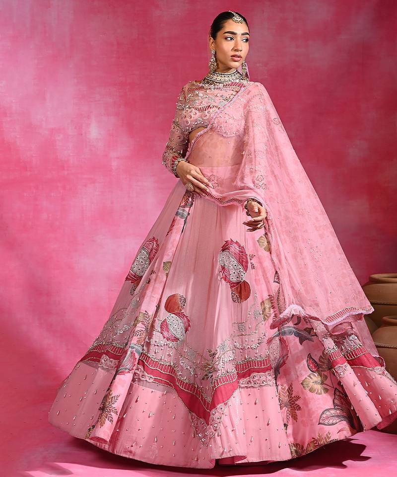 Sugar Pink Resham Embroidered Organza Lehenga Set