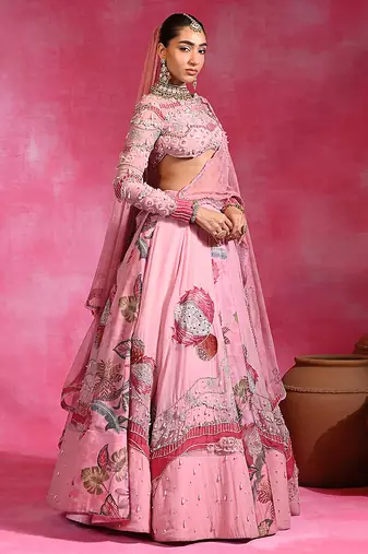 Sugar Pink Resham Embroidered Organza Lehenga Set
