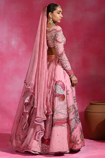 Sugar Pink Resham Embroidered Organza Lehenga Set