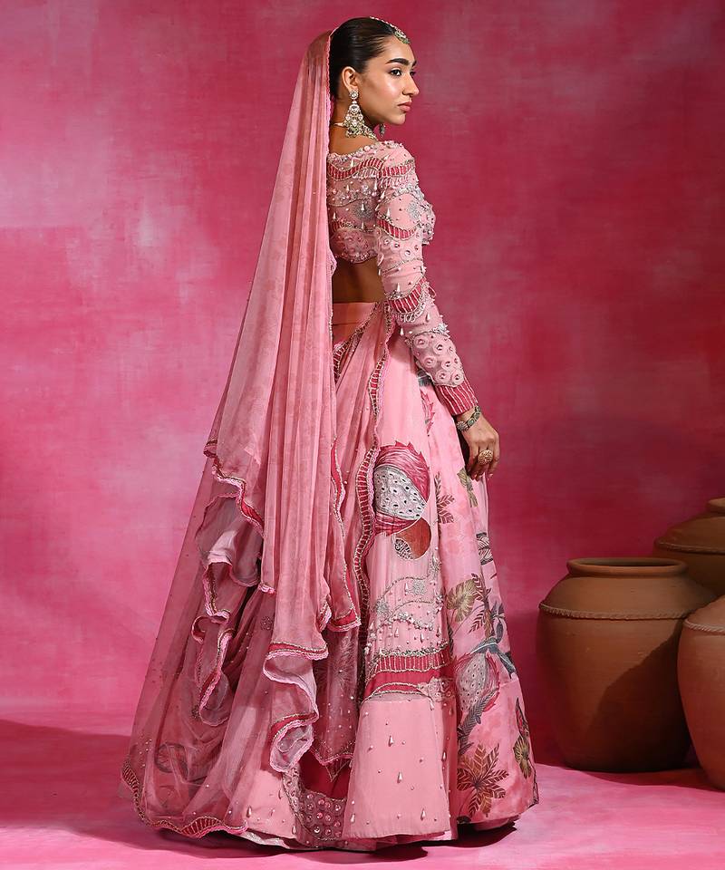 Sugar Pink Resham Embroidered Organza Lehenga Set