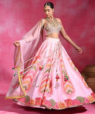 Pink Floral Printed Organza Crepe Lehenga Set 1