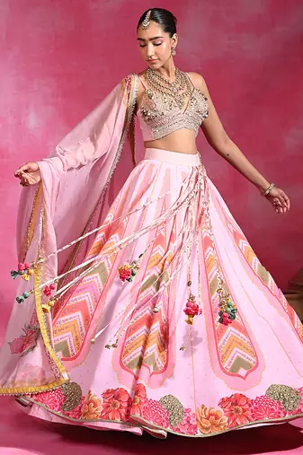 Pink Floral Printed Organza Crepe Lehenga Set
