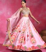 Pink Floral Printed Organza Crepe Lehenga Set
