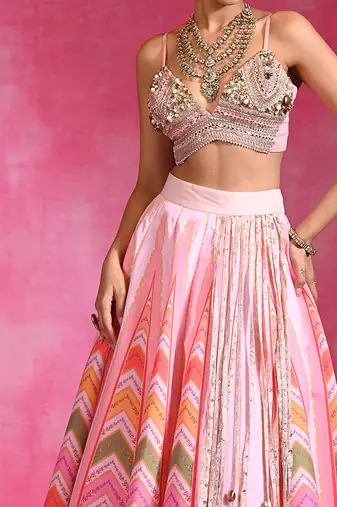 Pink Floral Printed Organza Crepe Lehenga Set