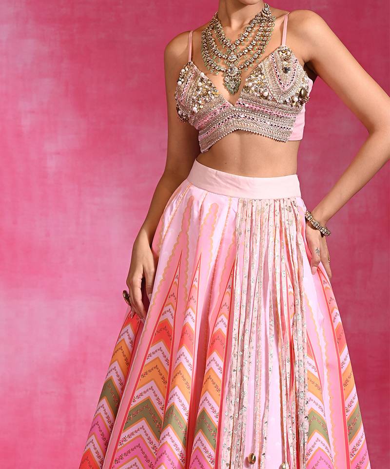 Pink Floral Printed Organza Crepe Lehenga Set