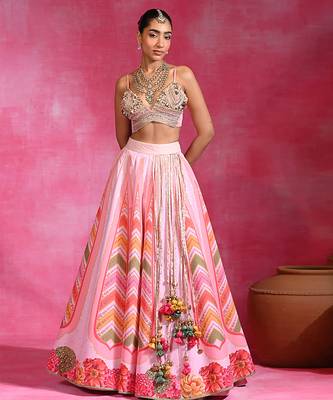 Pink Floral Printed Organza Crepe Lehenga Set 3