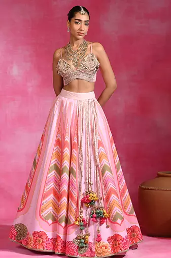 Pink Floral Printed Organza Crepe Lehenga Set