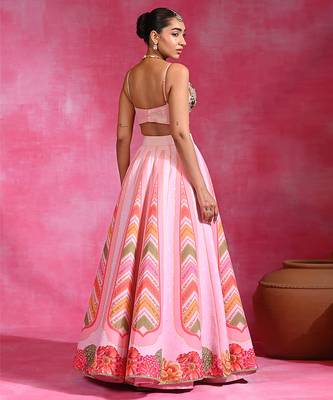 Pink Floral Printed Organza Crepe Lehenga Set 4
