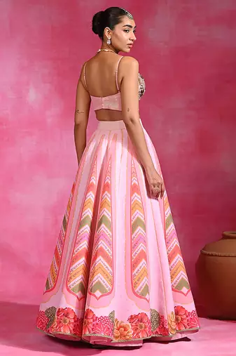 Pink Floral Printed Organza Crepe Lehenga Set