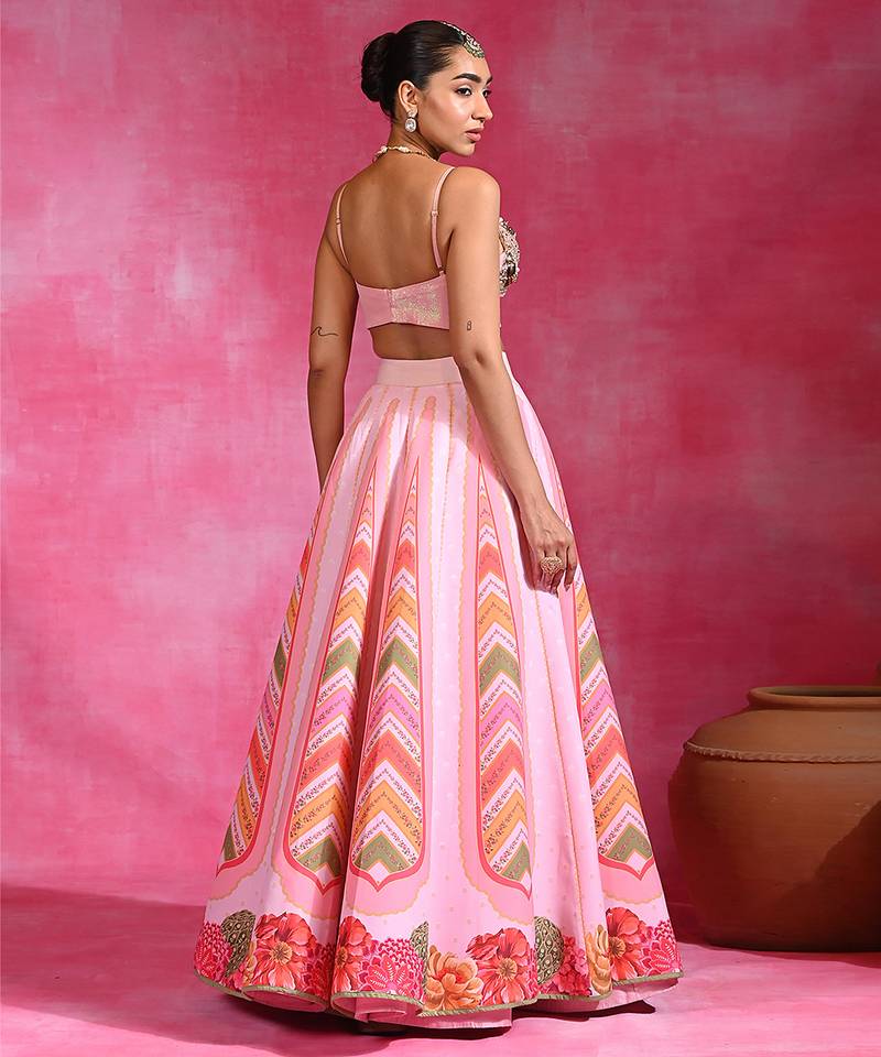 Pink Floral Printed Organza Crepe Lehenga Set