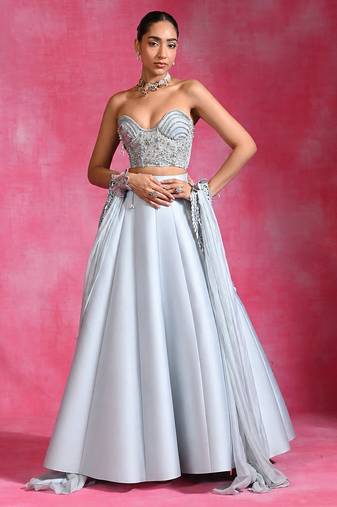 Ice Blue Silk Organza Corset Lehenga Set