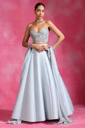 Ice Blue Silk Organza Corset Lehenga Set