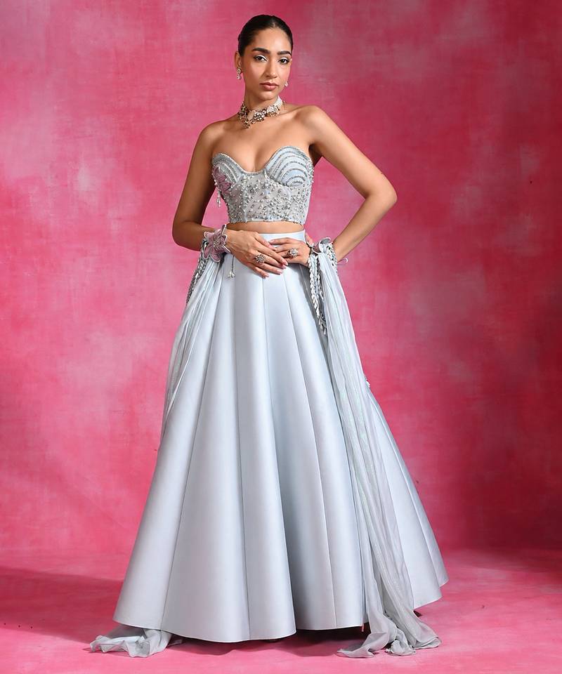 Ice Blue Silk Organza Corset Lehenga Set