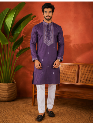 PURPLR EMBROIDERY WITH SEQUENCE WORK DESIGN ON SILKY SILK FABRIC MENS KURTA PAJAMA SET 1