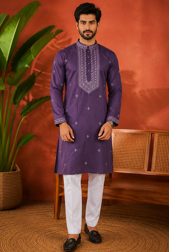 PURPLR EMBROIDERY WITH SEQUENCE WORK DESIGN ON SILKY SILK FABRIC MENS KURTA PAJAMA SET