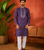 PURPLR EMBROIDERY WITH SEQUENCE WORK DESIGN ON SILKY SILK FABRIC MENS KURTA PAJAMA SET