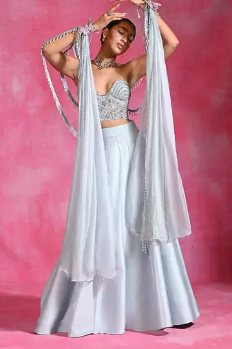 Ice Blue Silk Organza Corset Lehenga Set