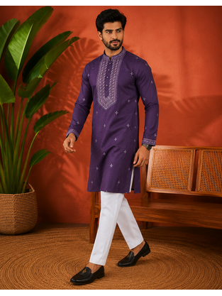 PURPLR EMBROIDERY WITH SEQUENCE WORK DESIGN ON SILKY SILK FABRIC MENS KURTA PAJAMA SET 2