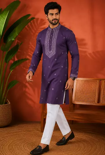 PURPLR EMBROIDERY WITH SEQUENCE WORK DESIGN ON SILKY SILK FABRIC MENS KURTA PAJAMA SET