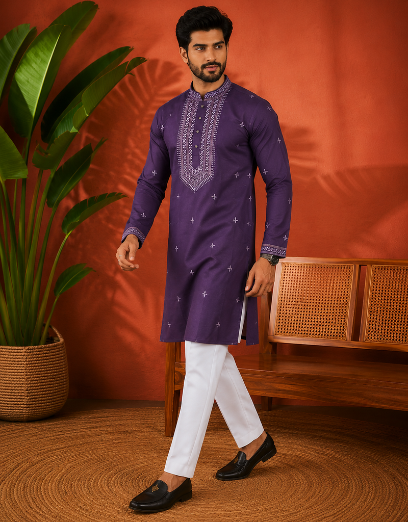 PURPLR EMBROIDERY WITH SEQUENCE WORK DESIGN ON SILKY SILK FABRIC MENS KURTA PAJAMA SET