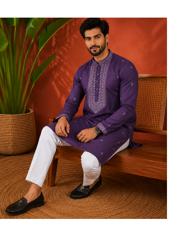PURPLR EMBROIDERY WITH SEQUENCE WORK DESIGN ON SILKY SILK FABRIC MENS KURTA PAJAMA SET 3