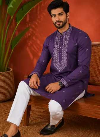 PURPLR EMBROIDERY WITH SEQUENCE WORK DESIGN ON SILKY SILK FABRIC MENS KURTA PAJAMA SET