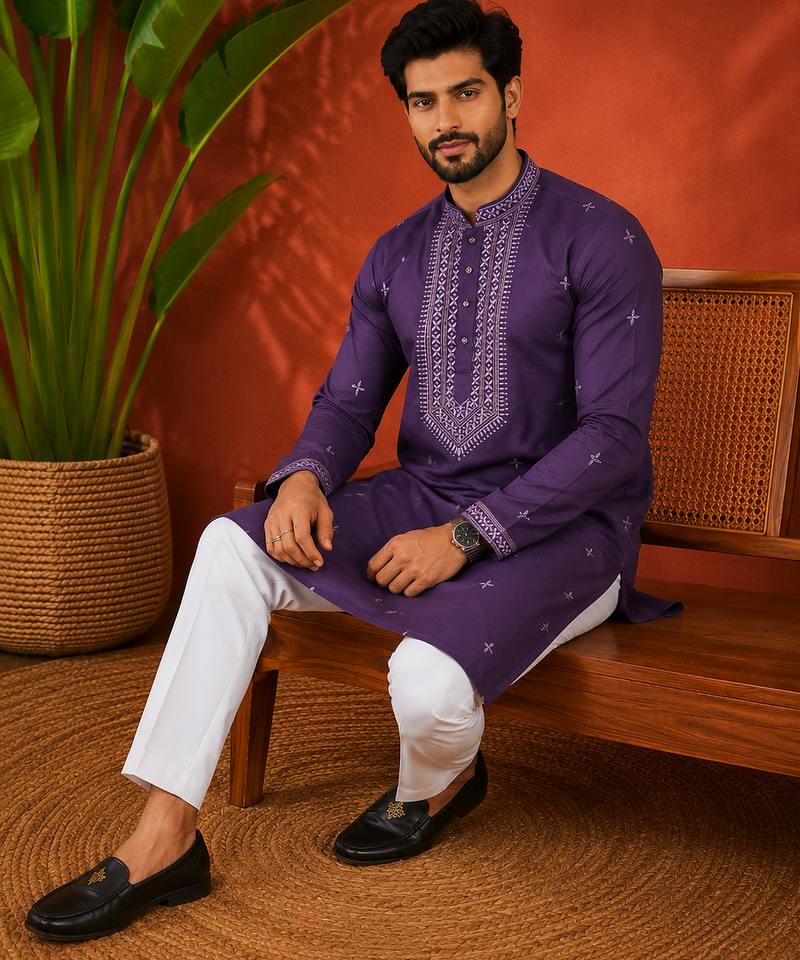 PURPLR EMBROIDERY WITH SEQUENCE WORK DESIGN ON SILKY SILK FABRIC MENS KURTA PAJAMA SET