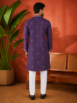 PURPLR EMBROIDERY WITH SEQUENCE WORK DESIGN ON SILKY SILK FABRIC MENS KURTA PAJAMA SET 4