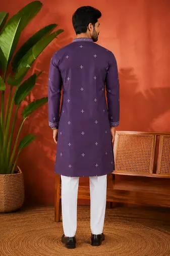 PURPLR EMBROIDERY WITH SEQUENCE WORK DESIGN ON SILKY SILK FABRIC MENS KURTA PAJAMA SET