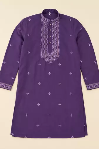 PURPLR EMBROIDERY WITH SEQUENCE WORK DESIGN ON SILKY SILK FABRIC MENS KURTA PAJAMA SET
