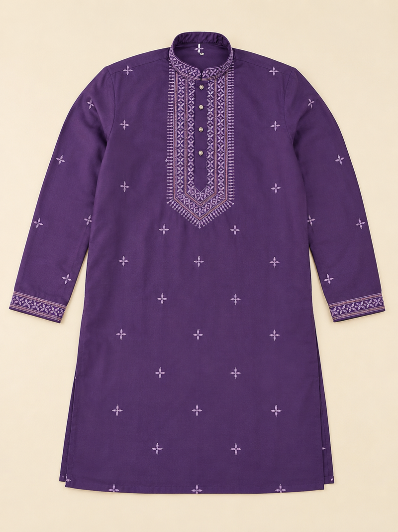 PURPLR EMBROIDERY WITH SEQUENCE WORK DESIGN ON SILKY SILK FABRIC MENS KURTA PAJAMA SET