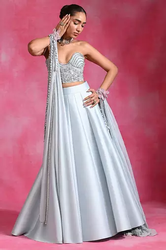 Ice Blue Silk Organza Corset Lehenga Set