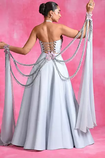 Ice Blue Silk Organza Corset Lehenga Set