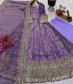 Lavender fendy silk embroidered stitched kurta set