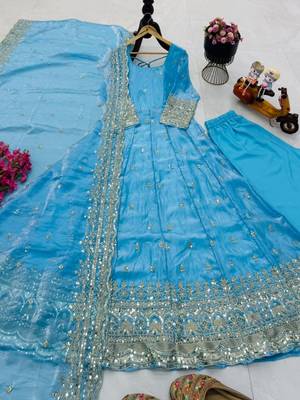 Blue fendy silk embroidered stitched kurta set 1