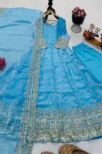 blue fendy silk embroidered stitched kurta set