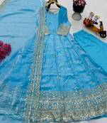 Blue fendy silk embroidered stitched kurta set