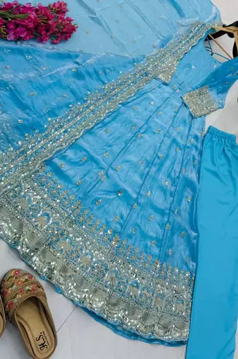 blue fendy silk embroidered stitched kurta set