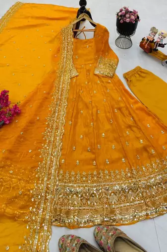 yellow fendy silk embroidered stitched kurta set