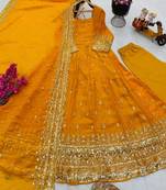 Yellow fendy silk embroidered stitched kurta set