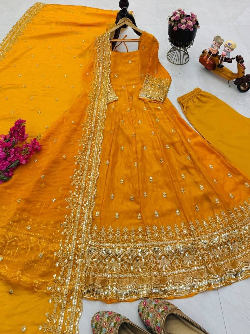 Yellow fendy silk embroidered stitched kurta set