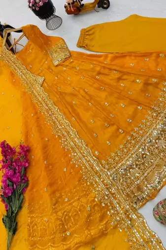 yellow fendy silk embroidered stitched kurta set
