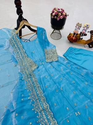 Blue fendy silk embroidered stitched kurta set 4