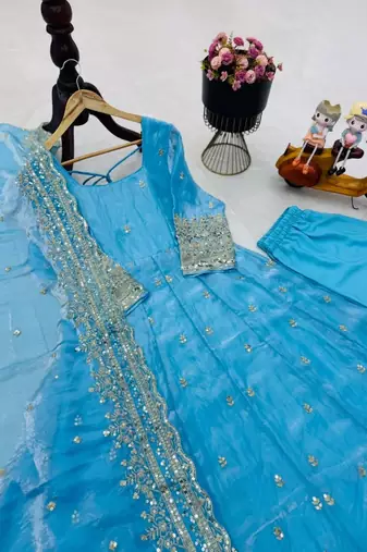 blue fendy silk embroidered stitched kurta set