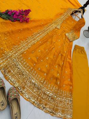 Yellow fendy silk embroidered stitched kurta set 3