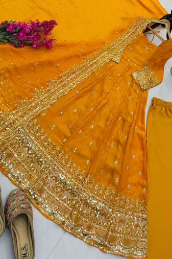 yellow fendy silk embroidered stitched kurta set