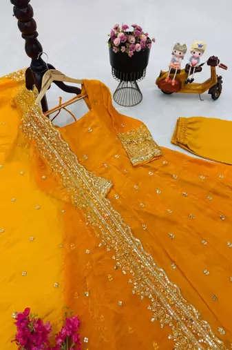 yellow fendy silk embroidered stitched kurta set